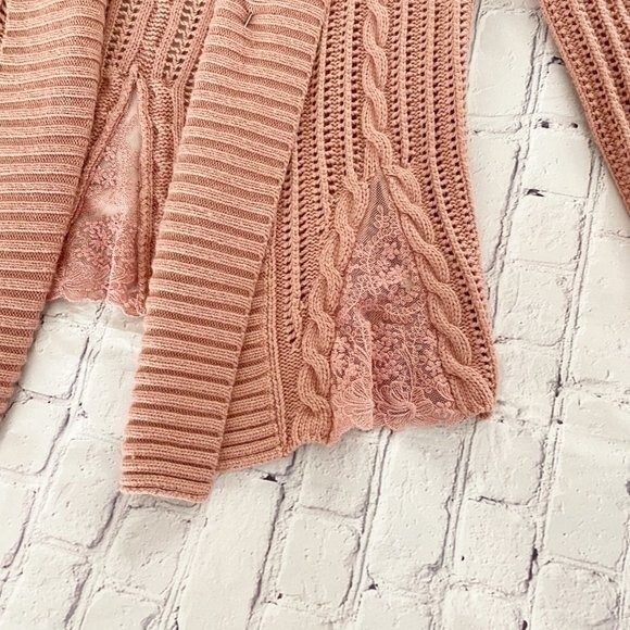 Garnet Hill Dusty Pink Knit Open Front Cardigan with Lace Panels Cashmere Blend - Picture 7 of 14